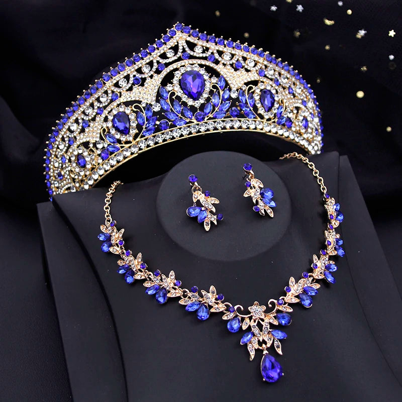red bridal tiara necklace earrings set with blue crystal crown, gold-toned necklace and matching drop earrings for wedding party