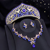 red bridal tiara necklace earrings set with blue crystal crown, gold-toned necklace and matching drop earrings for wedding party