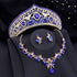 red bridal tiara necklace earrings set with blue crystal crown, gold-toned necklace and matching drop earrings for wedding party