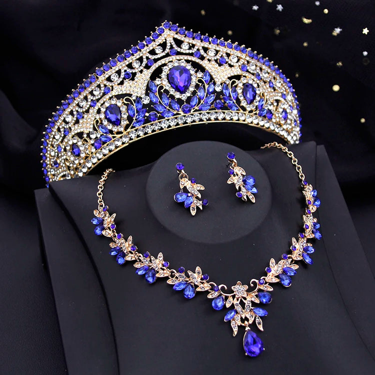 red bridal tiara necklace earrings set with blue crystal crown, gold-toned necklace and matching drop earrings for wedding party