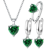 heart zircon 925 silver bridal jewelry set with green heart zircon pendant necklace, ring and drop earrings