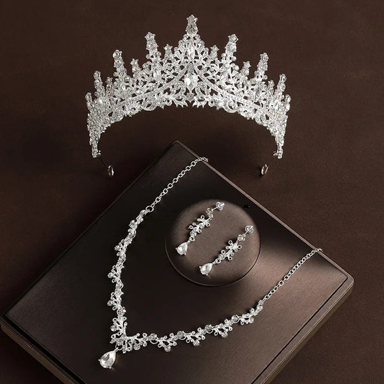 bridal crystal tiara necklace earrings set with silver alloy rhinestone crown, crystal drop necklace and matching earrings