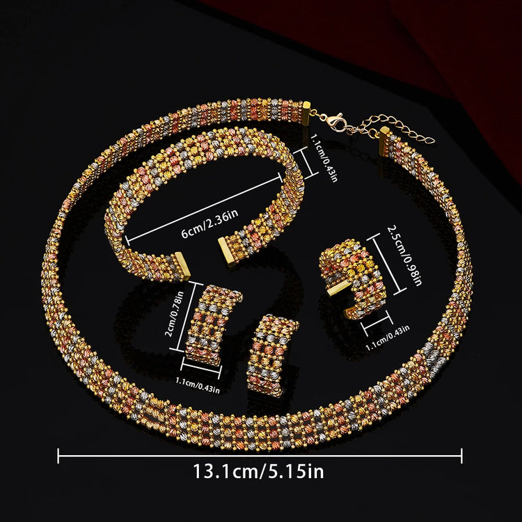 Alt Tag: gold plated Arabic bridal jewelry set with multicolor crystal necklace, bracelet, earrings and ring, wedding fashion jewelry for women