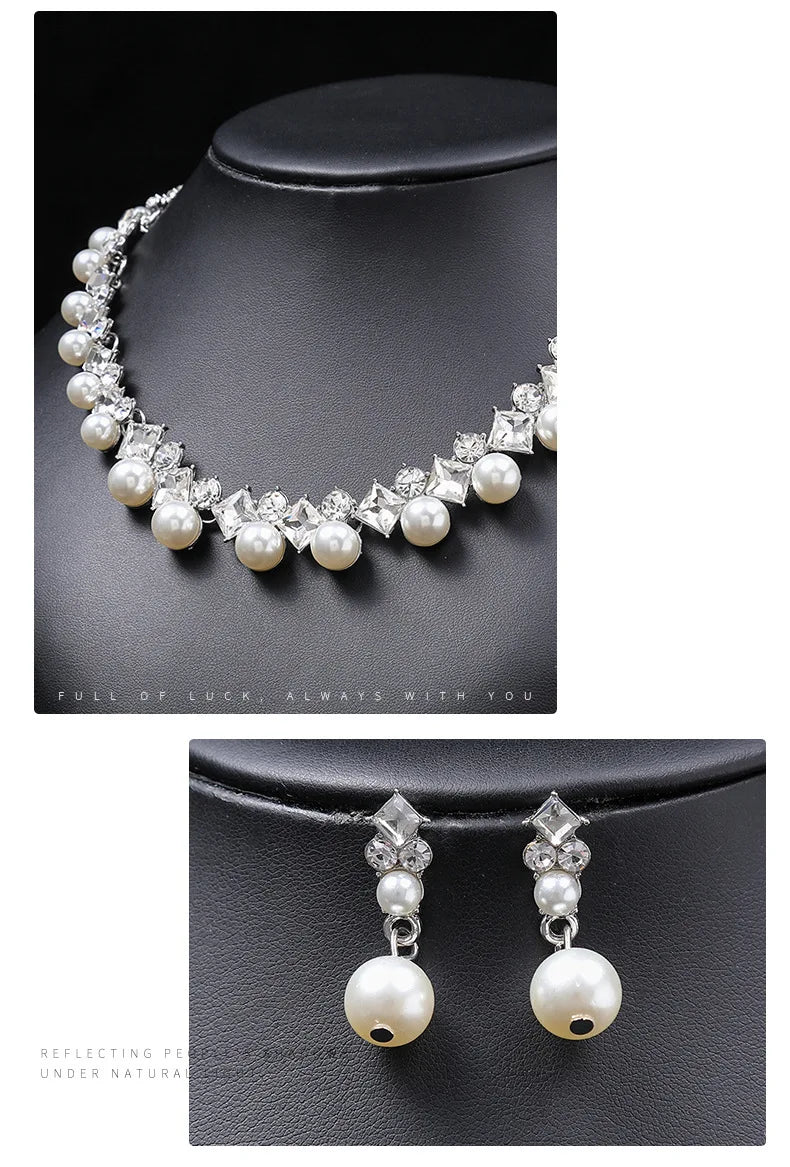 Alt Tag: pearl necklace and earrings set for women, white pearl statement necklace with matching drop earrings on black display