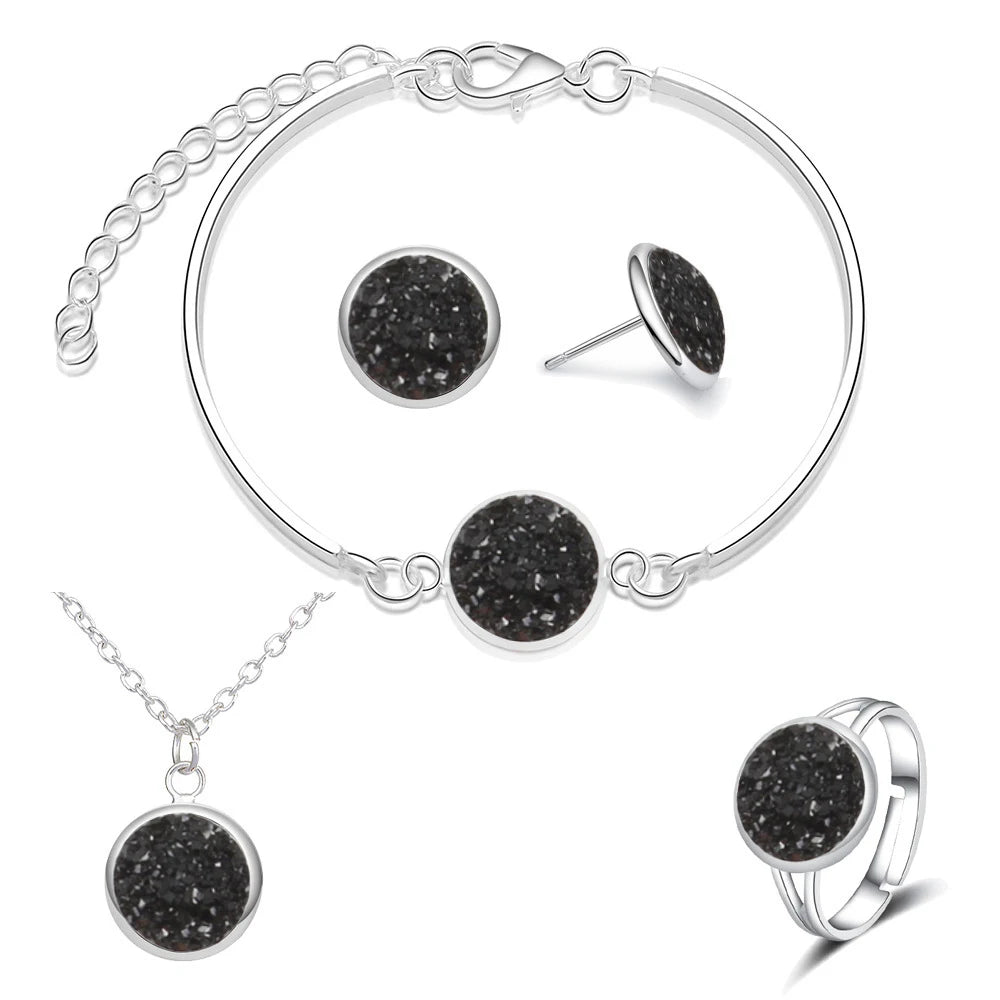 Luxury Quality Quartz Rhinestone Jewelry Sets for Women Simple Round Earrings Necklaces Set Bridal 4 Piece Silver Plated Jewelry - DaHui