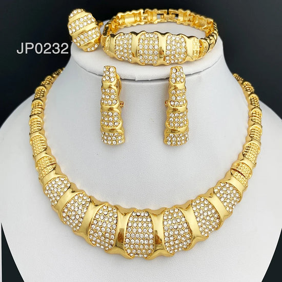 Alt Tag: 18K gold plated jewelry set for women, stylish zinc alloy necklace earrings ring bracelet set for party