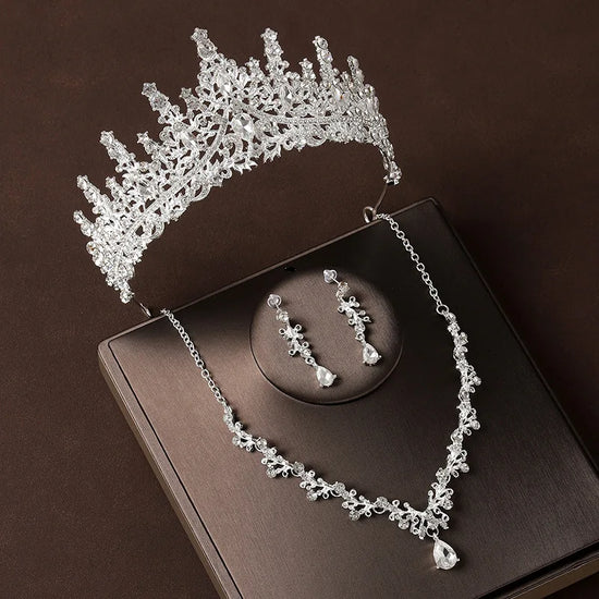 Bridal Wedding Jewelry 4-piece Set, Alloy Crystal Crown&Crystal Necklace&Earrings Women&