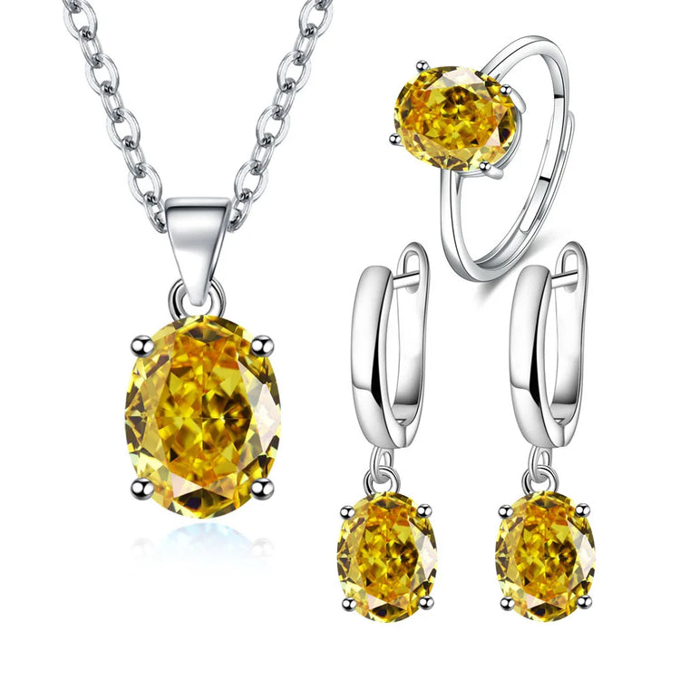 Alt Tag: 925 sterling silver bridal jewelry set with yellow gemstone pendant necklace, ring and drop earrings