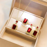 titanium steel green zircon necklace for women jewelry set in gift box with red gemstone pendant, ring and earrings