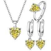Alt Tag: heart zircon 925 silver bridal jewelry set with yellow heart-cut zircon necklace, ring and drop earrings in sterling silver