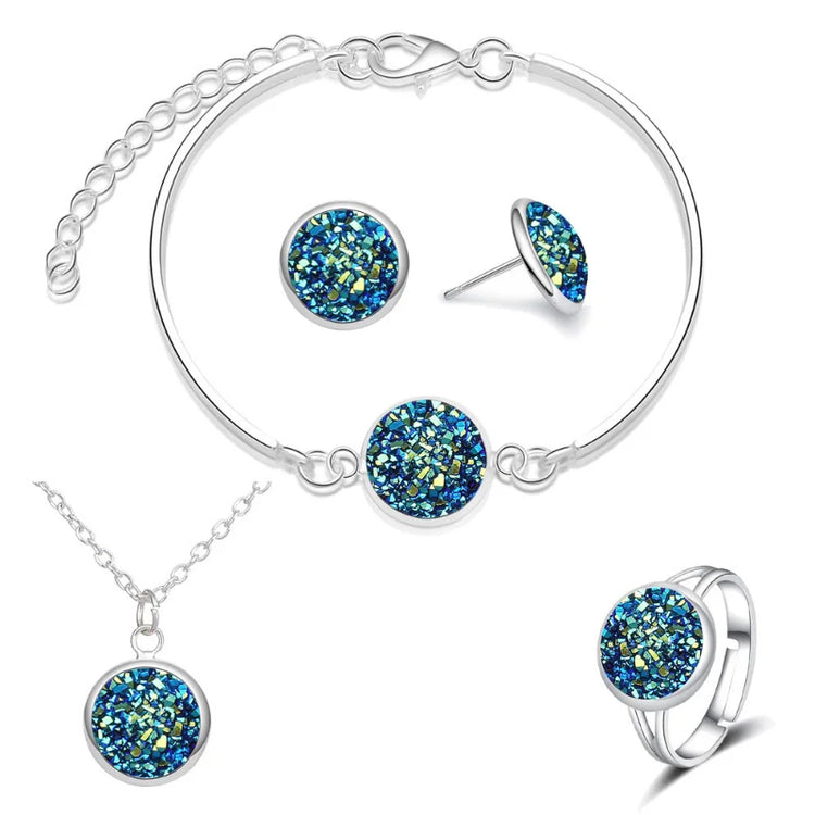 Luxury Quality Quartz Rhinestone Jewelry Sets for Women Simple Round Earrings Necklaces Set Bridal 4 Piece Silver Plated Jewelry - DaHui