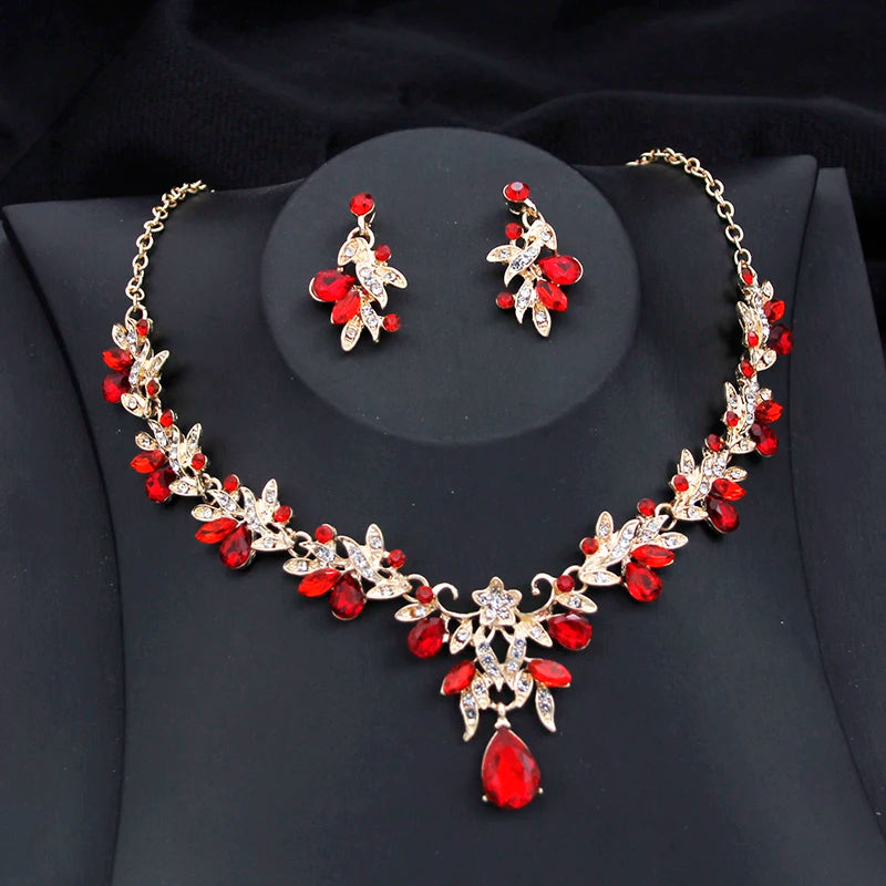 Alt Tag: red bridal tiara necklace earrings set red crystal rhinestone necklace and matching drop earrings wedding party jewelry