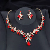 Alt Tag: red bridal tiara necklace earrings set red crystal rhinestone necklace and matching drop earrings wedding party jewelry