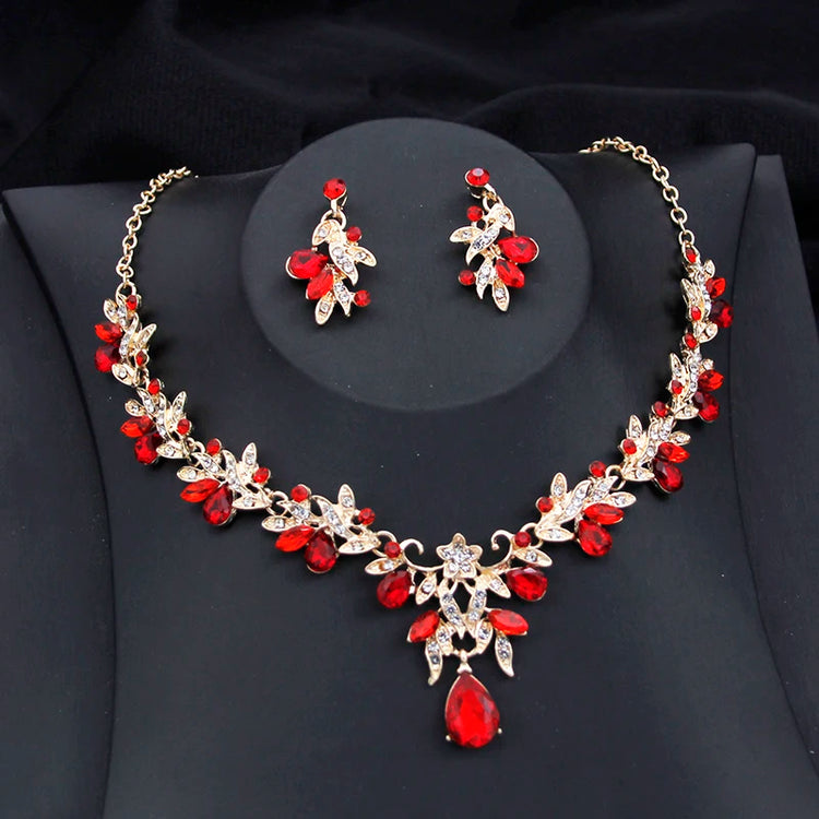 Alt Tag: red bridal tiara necklace earrings set red crystal rhinestone necklace and matching drop earrings wedding party jewelry