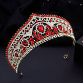 Alt Tag: red bridal tiara necklace earrings set ruby red crystal rhinestone wedding crown headband tiara