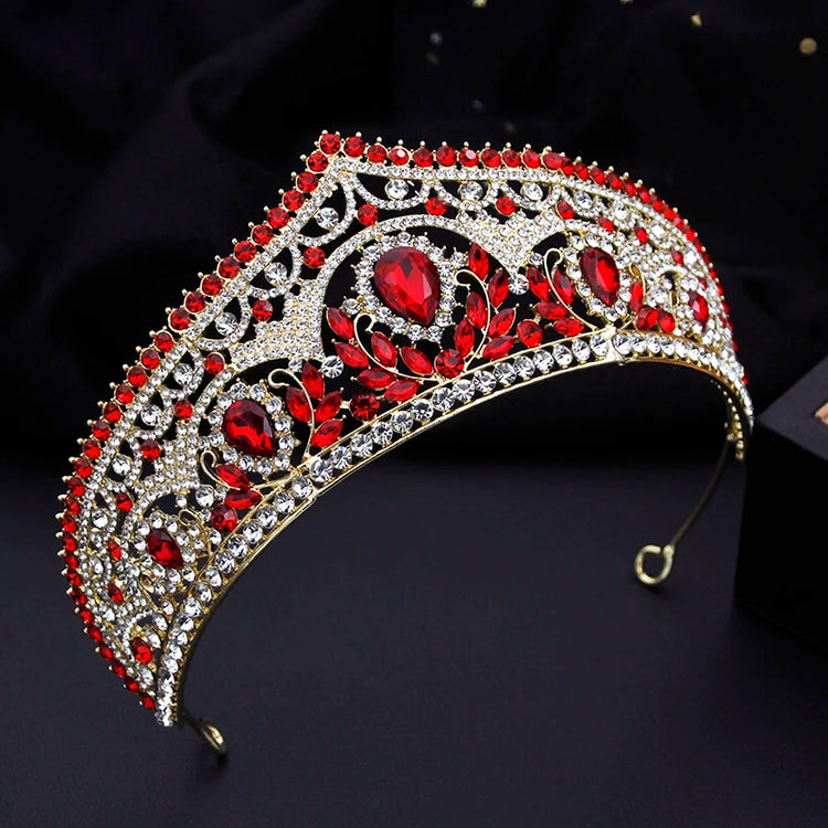Alt Tag: red bridal tiara necklace earrings set ruby red crystal rhinestone wedding crown headband tiara