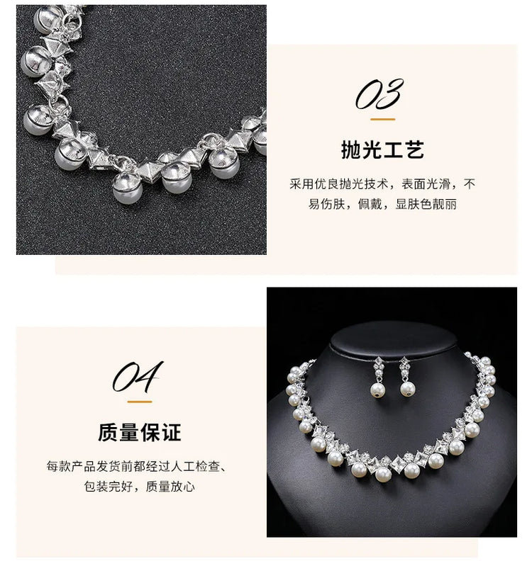 Alt Tag: pearl necklace and earrings set for women displayed on black bust with matching pearl drop earrings, elegant fashion jewelry set