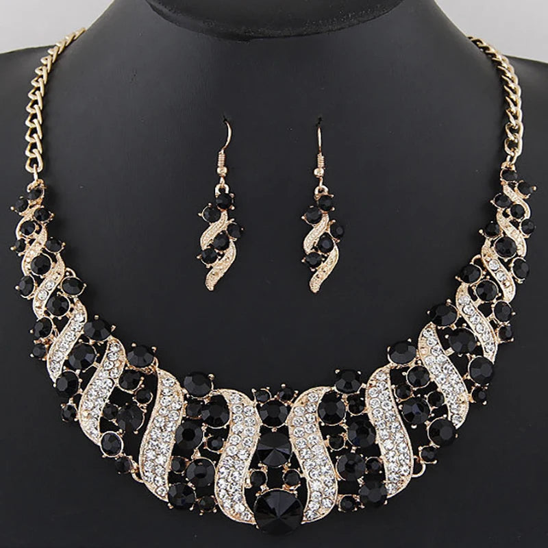 crystal bridal necklace and earrings set with black and clear crystals, gold-tone statement wedding jewelry set