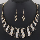 crystal bridal necklace and earrings set with black and clear crystals, gold-tone statement wedding jewelry set