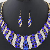 crystal bridal necklace and earrings set with blue crystal rhinestones and silver-tone statement necklace and matching drop earrings