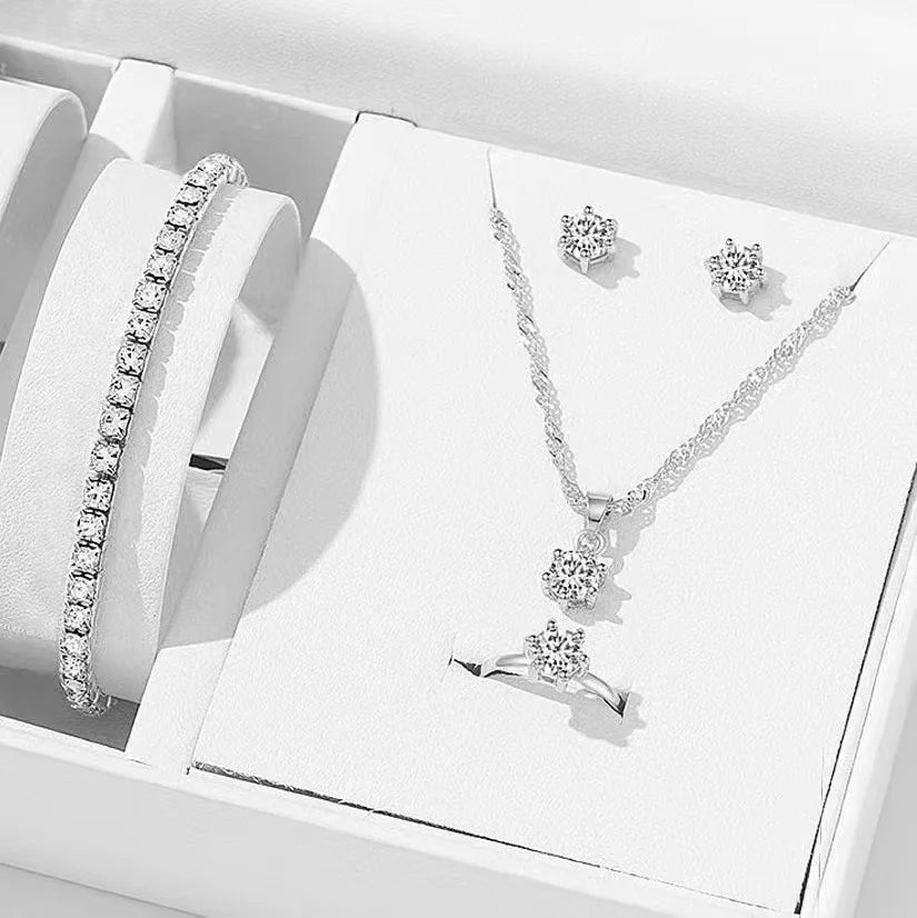 Alt Tag: 5 piece crystal jewelry set for women with bracelet, necklace pendant, ring and stud earrings in gift box
