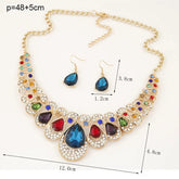 luxury bridal crystal choker necklace set with gold chain, multicolor rhinestones, blue teardrop pendant and matching drop earrings