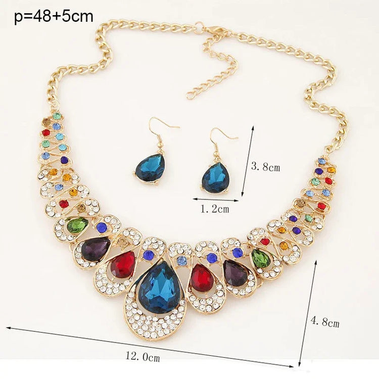 luxury bridal crystal choker necklace set with gold chain, multicolor rhinestones, blue teardrop pendant and matching drop earrings
