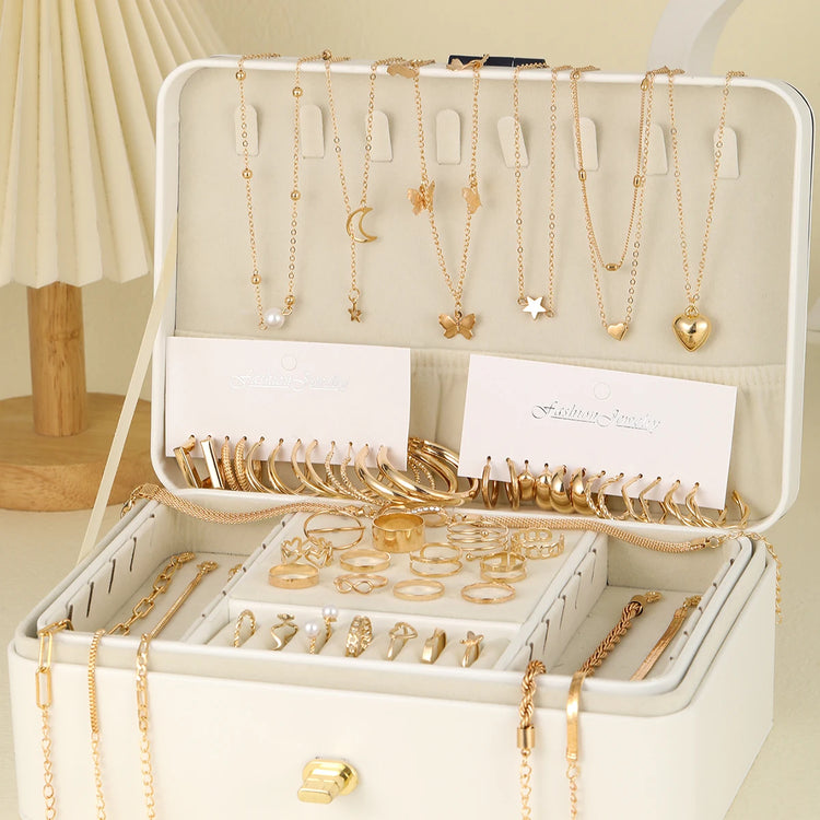 Elegant Vintage Chic Jewelry Set Including Pendant Necklaces,Twisted C-Hoop Earrings,Gold Color Rings,Bracelet ,Daily Outfits - DaHui