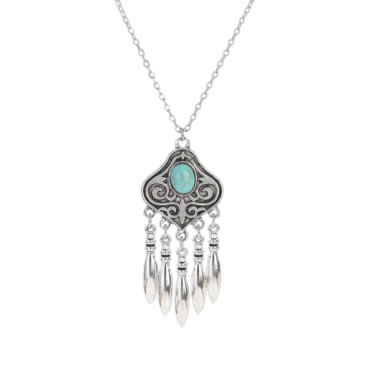 silver plated turquoise indian jewelry set pendant necklace with turquoise stone, silver tone chain and dangling charm tassels