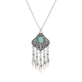 silver plated turquoise indian jewelry set pendant necklace with turquoise stone, silver tone chain and dangling charm tassels
