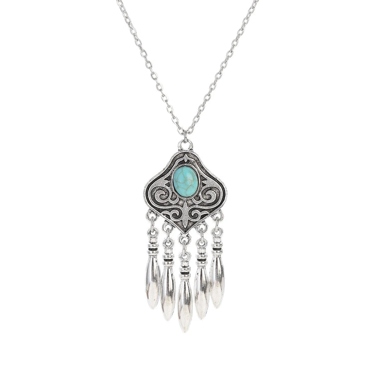 silver plated turquoise indian jewelry set pendant necklace with turquoise stone, silver tone chain and dangling charm tassels