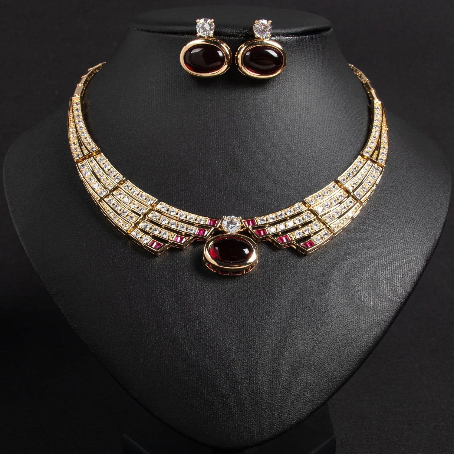 Alt Tag: bridal necklace and earrings set with crystal collar necklace and matching stud earrings, gold-tone, lead & nickel free