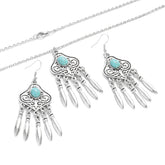 silver plated turquoise indian jewelry set necklace and earrings with turquoise stone and dangling charms, boho tribal style