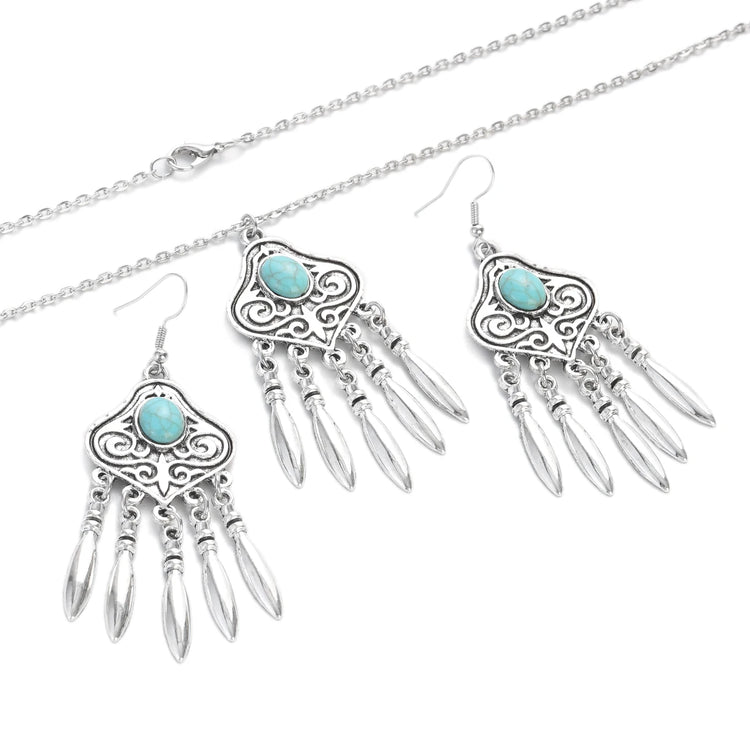 silver plated turquoise indian jewelry set necklace and earrings with turquoise stone and dangling charms, boho tribal style