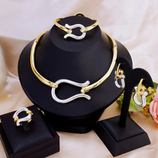 Fashion Jewelry Sets For Women Gold Color Choker Necklace Earrings Bracelets Ring Wedding Set Party Accessories - DaHui