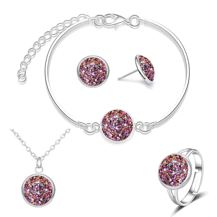 silver plated rhinestone jewelry set for women with bracelet, necklace pendant, stud earrings and ring in silver tone with multicolor crystals