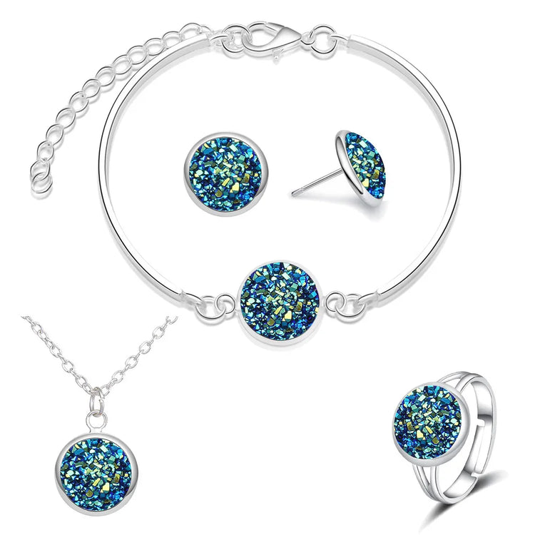 Luxury Quality Quartz Rhinestone Jewelry Sets for Women Simple Round Earrings Necklaces Set Bridal 4 Piece Silver Plated Jewelry - DaHui
