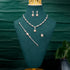 Alt Tag: rhinestone crystal bridal jewelry set with necklace, earrings, bracelet and ring displayed on green velvet bust