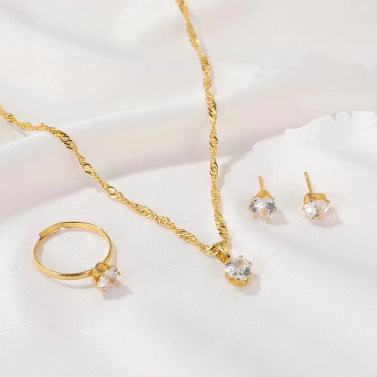5 piece crystal jewelry set for women gold-tone necklace ring and crystal stud earrings on white background