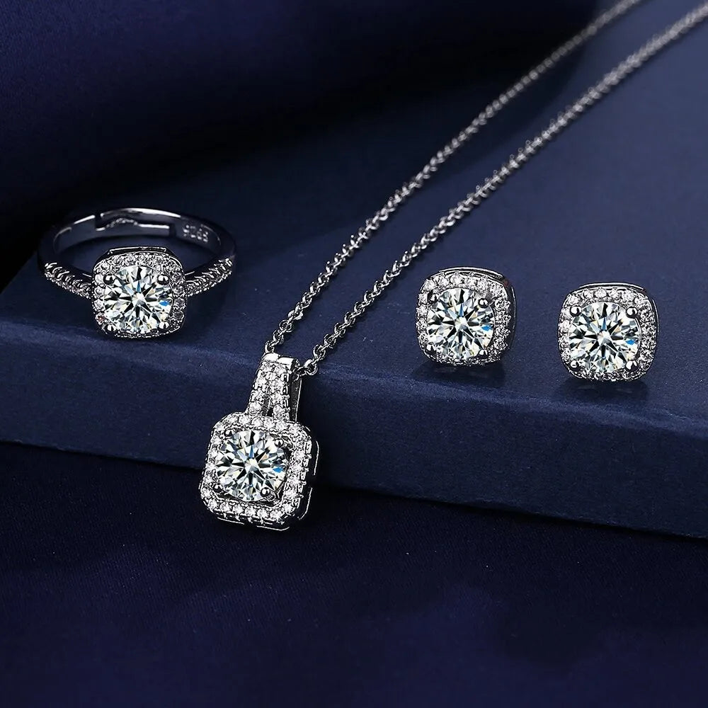 3pcs Suit Necklaces Simulated Flash Mosang Diamond Earring Women&