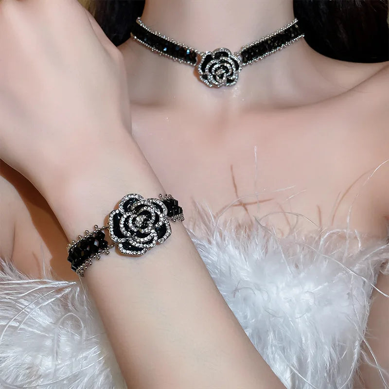 Alt Tag: crystal flower rhinestone choker necklace set black rose crystal choker and matching bracelet jewelry set for women