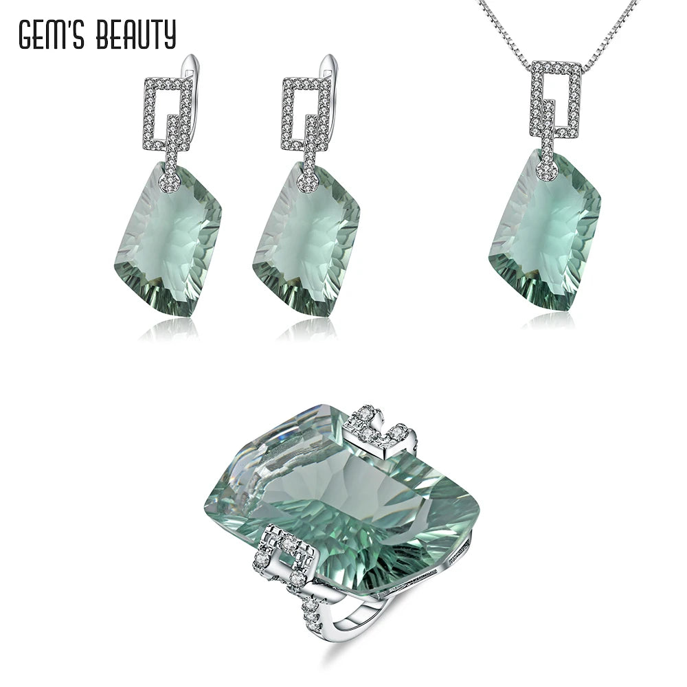Alt Tag: 925 sterling silver jewelry set for women featuring green gemstone pendant necklace, drop earrings and statement ring by Gem&