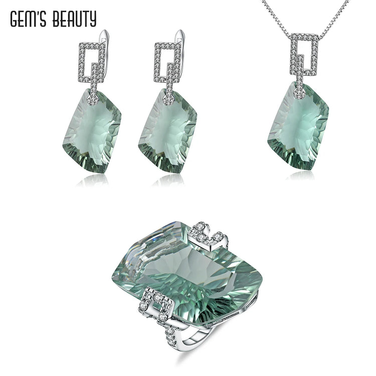 Alt Tag: 925 sterling silver jewelry set for women featuring green gemstone pendant necklace, drop earrings and statement ring by Gem&