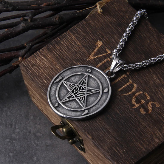 large baphomet stainless steel pendant necklace featuring intricate goat motif on a chain.