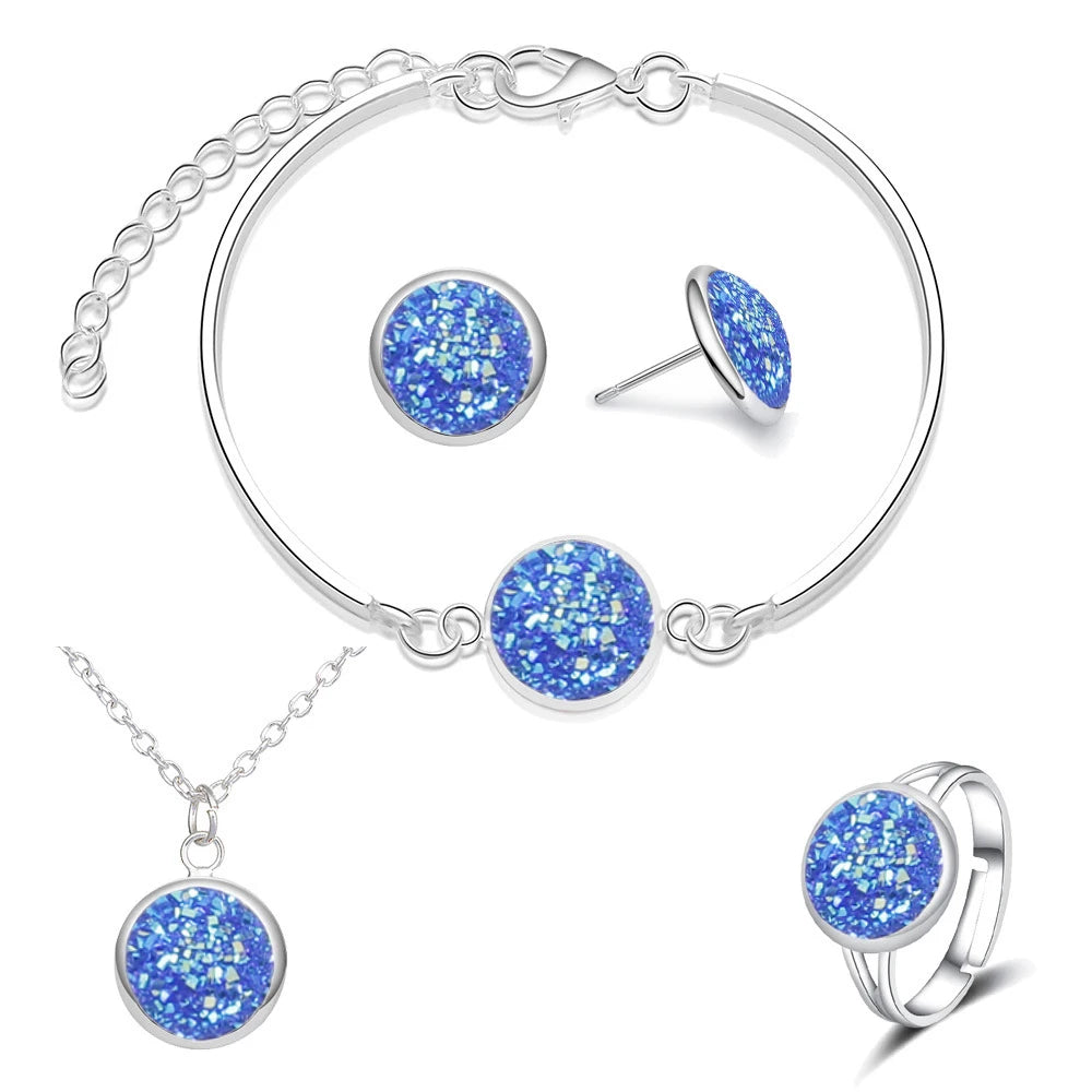 Luxury Quality Quartz Rhinestone Jewelry Sets for Women Simple Round Earrings Necklaces Set Bridal 4 Piece Silver Plated Jewelry - DaHui