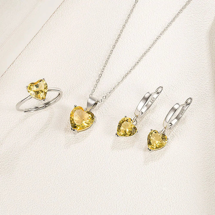 Alt Tag: heart zircon 925 silver bridal jewelry set with heart-cut yellow zircon necklace, ring and drop earrings