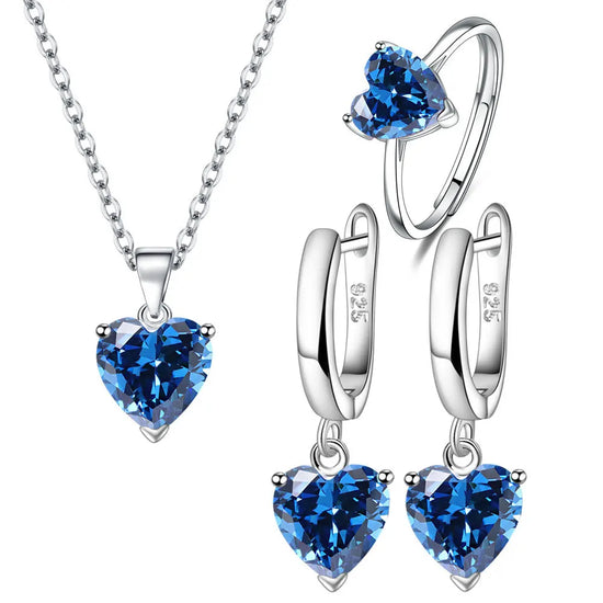 Alt Tag: heart zircon 925 silver bridal jewelry set with blue heart zircon necklace, ring and drop earrings in sterling silver