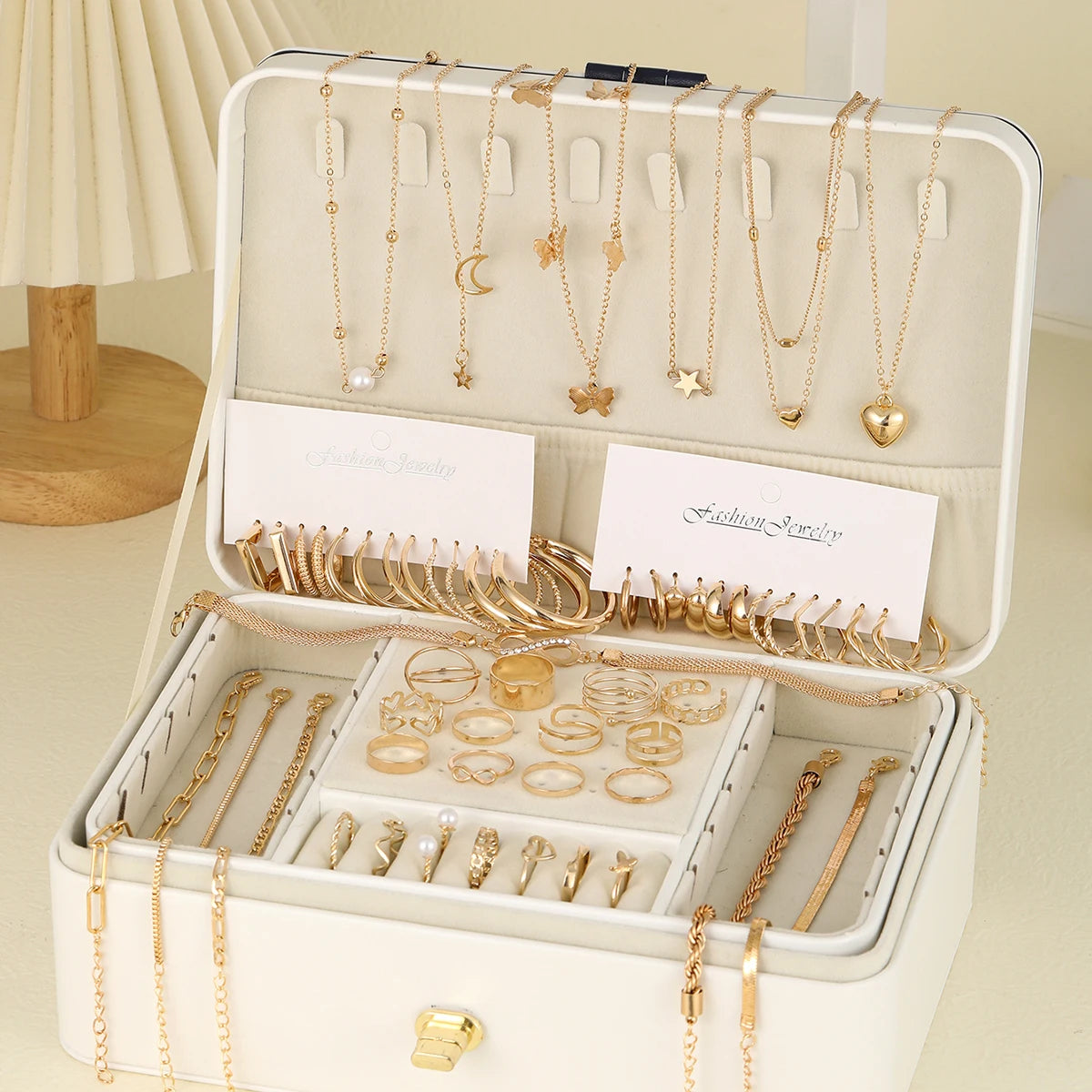 Elegant Vintage Chic Jewelry Set Including Pendant Necklaces,Twisted C-Hoop Earrings,Gold Color Rings,Bracelet ,Daily Outfits - DaHui