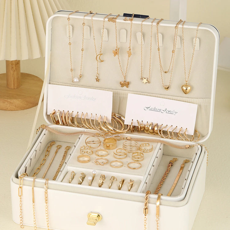 Elegant Vintage Chic Jewelry Set Including Pendant Necklaces,Twisted C-Hoop Earrings,Gold Color Rings,Bracelet ,Daily Outfits - DaHui
