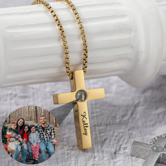 Custom cross projection necklace for men with personalized engraving and photo charm.